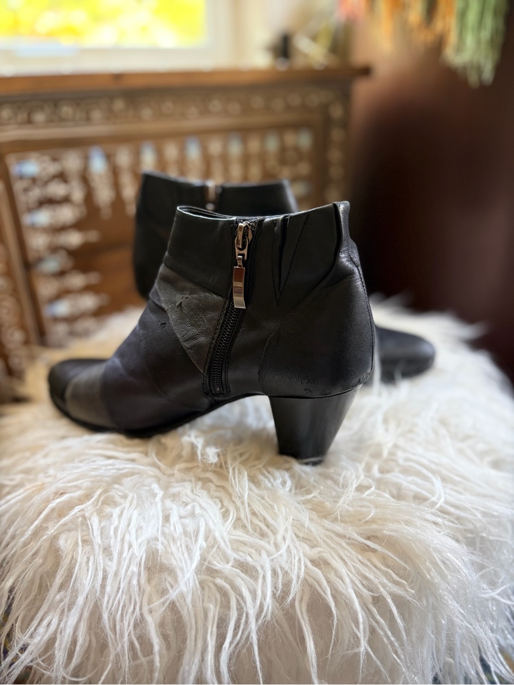 Spring Step Black Leather Ankle Booties with Side Zip